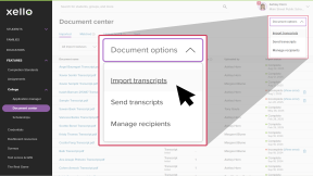 Document center page in Xello. The Document options dropdown is open and the cursor is selecting "Import transcripts"